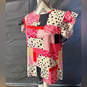Patchwork Print Flutter Sleeve Blouse in Pink & Black